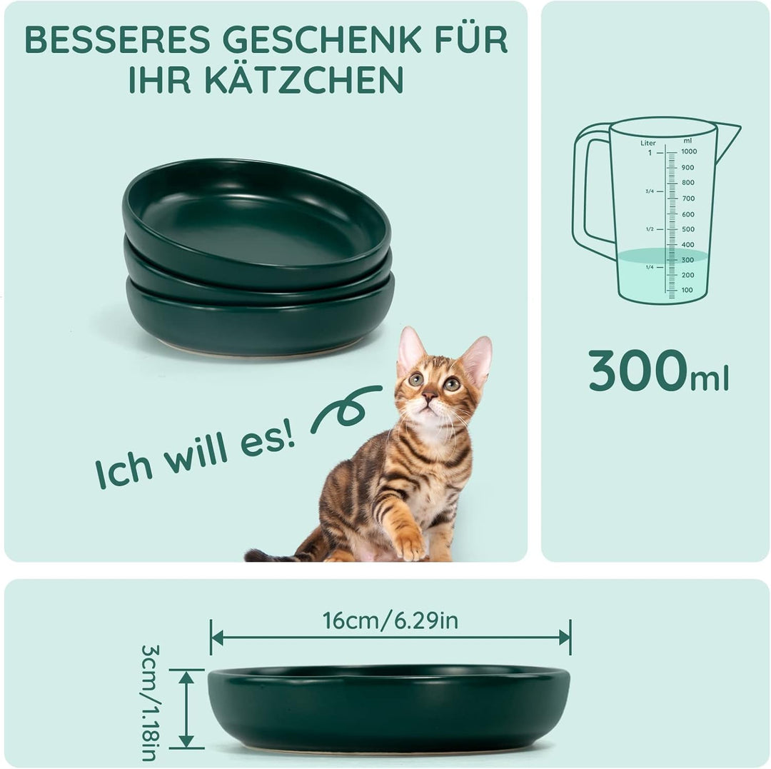 SPUNKYJUNKY Katzennäpfe 3 Stück Futternäpfe Keramik Fressnapf für Katzen (Grün) Grün Round (300ml*3)