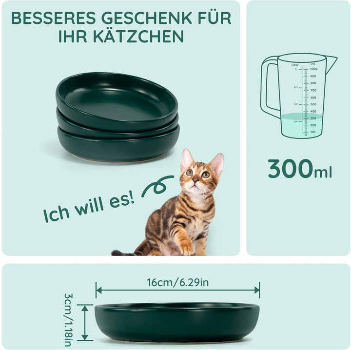 SPUNKYJUNKY Katzennäpfe 3 Stück Futternäpfe Keramik Fressnapf für Katzen (Grün) Grün Round (300ml*3)