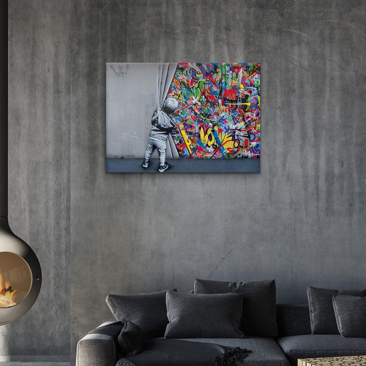 Giallobus - Gemälde - Banksy - - Standardleinwand - 100x70-04 - Kind öffnet den Vorhang - Bereit zum