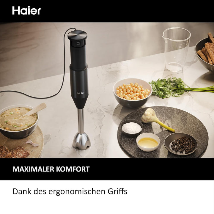 Haier Stabmixer 4-in-1 mit Messbecher, Quirl, Stampfer, Zerkleinerer I 1000W Pürierstab aus Edelstah