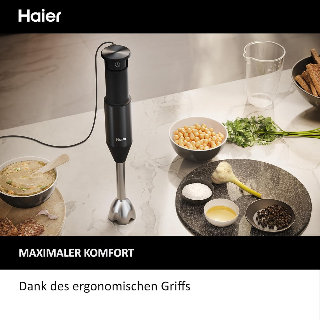 Haier Stabmixer aus Edelstahl + Messbesser I 1000W Pürierstab mit variabler Geschwindigkeit & 3 Klin