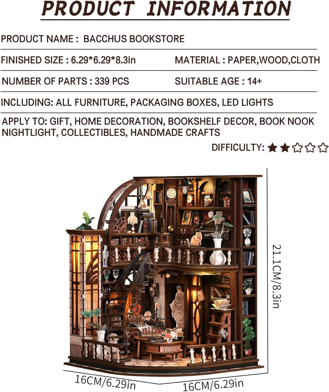 Spilay Miniatur Haus, Bacchus Bookstore 3D Holzpuzzle mit LED | DIY Miniature House Kit für Erwachse