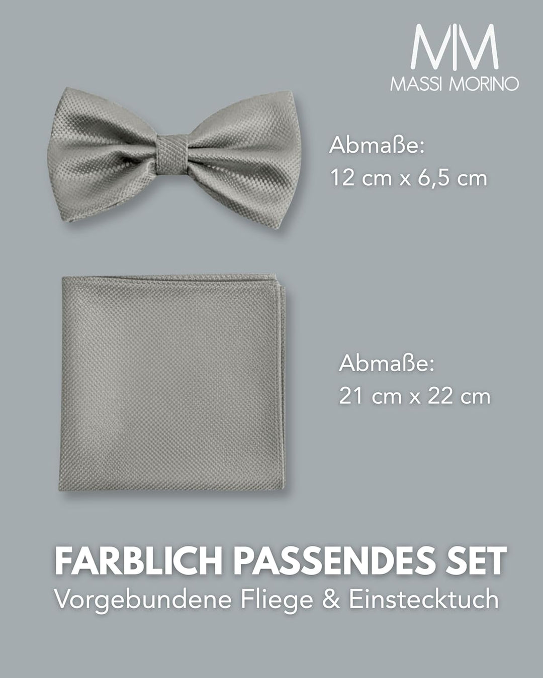 Massi Morino Fliege mit Einstecktuch für Herren Set - Anzug Herrenfliege zur Hochzeit - Verstellbare