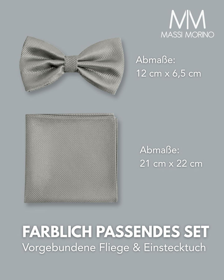 Massi Morino Fliege mit Einstecktuch für Herren Set - Anzug Herrenfliege zur Hochzeit - Verstellbare