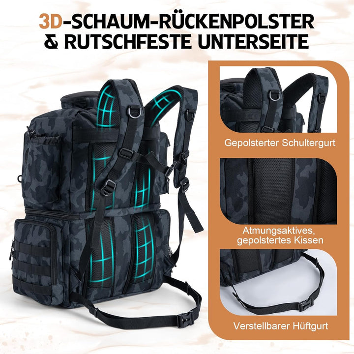 Goture Doppelstöckiger Angelrucksack mit 4 Köderbox Angeln – 78L wasserdichte Angelgerätetasche mit