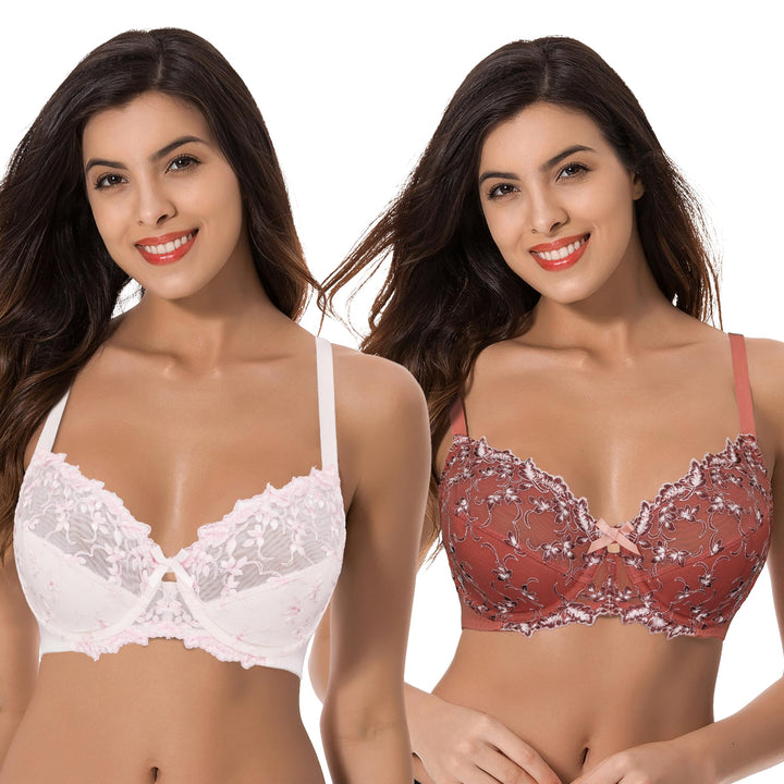 Curve Muse Damen Leicht Gepolstert Bügel Stickerei Spitzen BH-2er Pack 75D Buttermilch,mekka Orange(