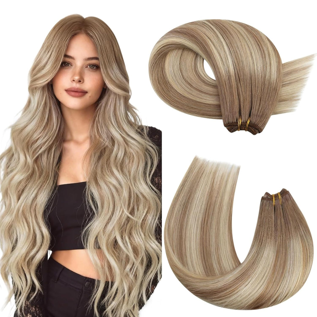 Moresoo Echthaar Tressen zum Einnähen 60 cm Remy Hair Extensions Tresse Hellbraun mit Platinblond Ha