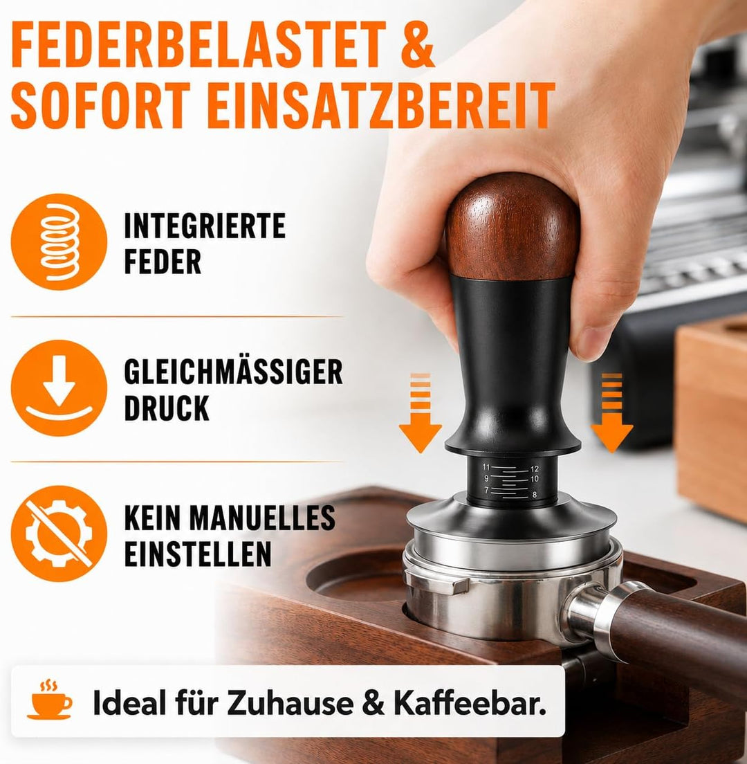 Kaffee Tamper, Kaffeemehlpresser mit Holzgriff, kaffeestempel Edelstahl mit Base Ripple, Espresso Ta