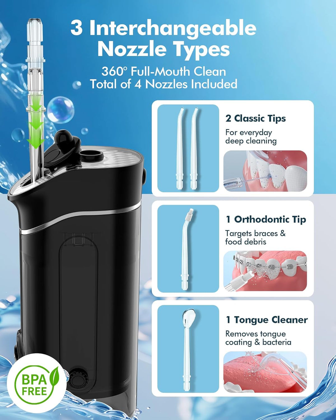 Munddusche Kabellos für Reise, Tragbarer Oral Irrigator mit Teleskop-Wassertank, 5 Reinigungsmodi, 4