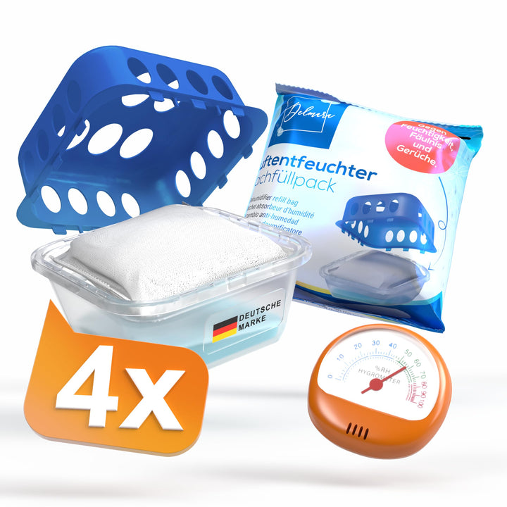 Delmara 4x Luftentfeuchter Set inkl. 1x Hygrometer – Raumentfeuchter ohne Strom mit 4x 400g Granulat