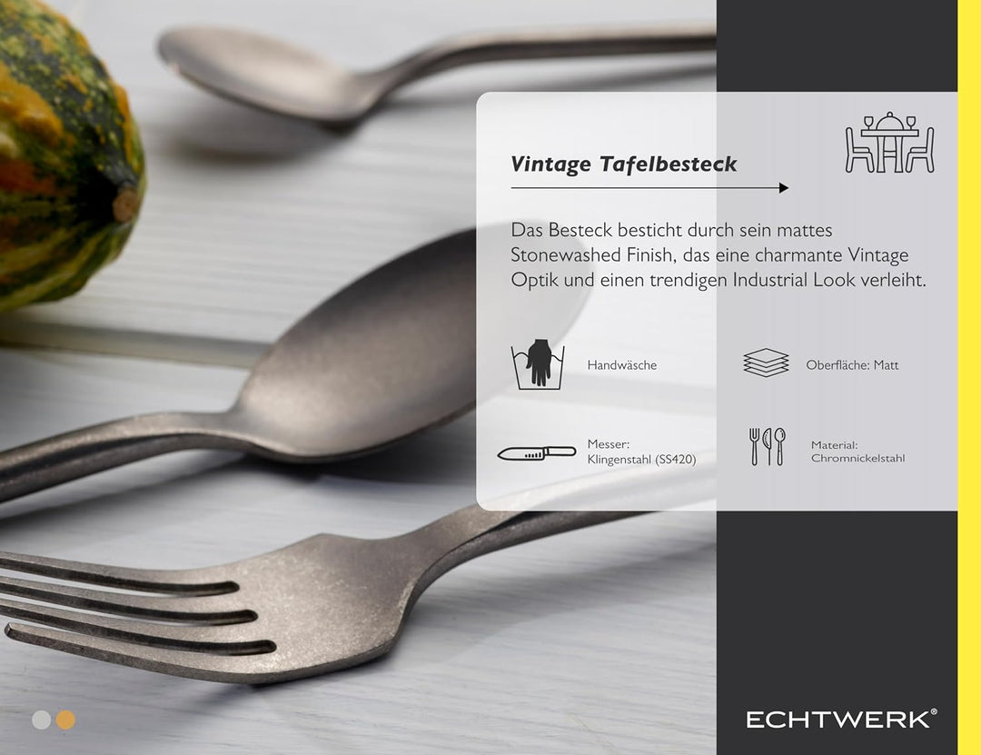ECHTWERK Tafelbesteck Malou, Stonewashed silber, 16-teilig, Essbesteck für bis zu 4 Personen, Hochwe