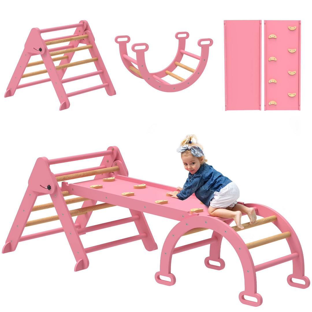 AIYAPLAY 7-in-1 Montessori Klettergerüst Indoor, faltbar Holz Kletterdreieck mit Rutsche, Bogen, Ind