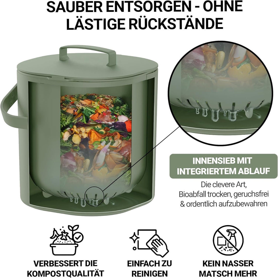 PTMS® Biomülleimer Küche 6L - Biomüll mit praktischem Deckel zum Einhängen & Innensieb - Spülmaschin