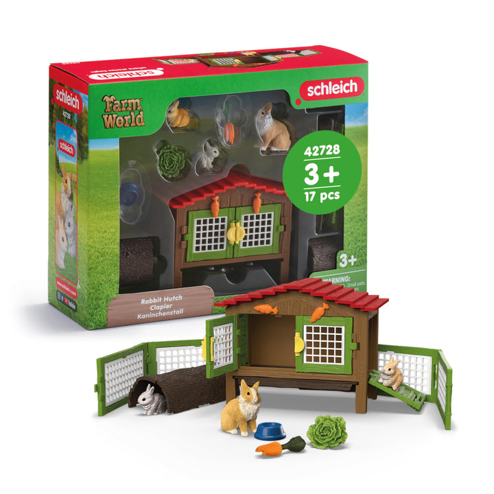 schleich Farm World | Kaninchenstall 42728 | Set aus 3 Kaninchen, mit Stall, Futter und vielem Zubeh