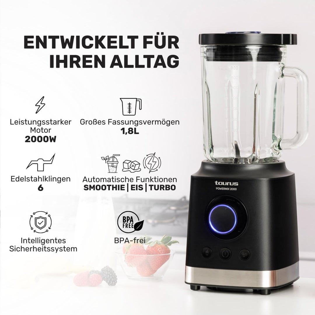 Taurus - Hochleistungs-Mixer mit 2000 W | Glaskanne 1,8 l | abnehmbare Edelstahlklingen | 2 automati