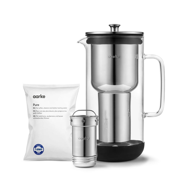 Aarke Purifier, Wasserfilterkaraffe aus Glas und Edelstahl, 2.4L, Aarke Pure Filter Nachfüllbeutel s