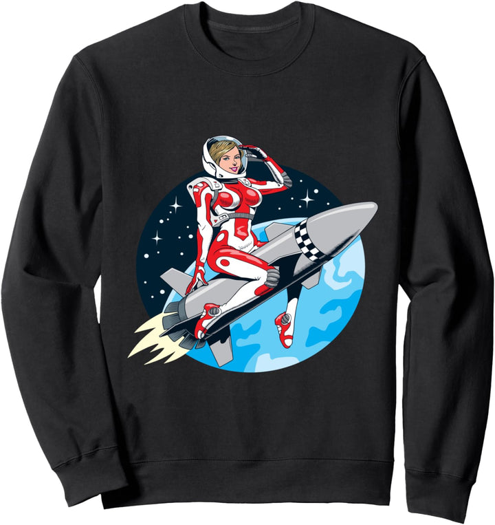 Frau fährt mit Rakete über der Erde Vintage Grafik Sweatshirt