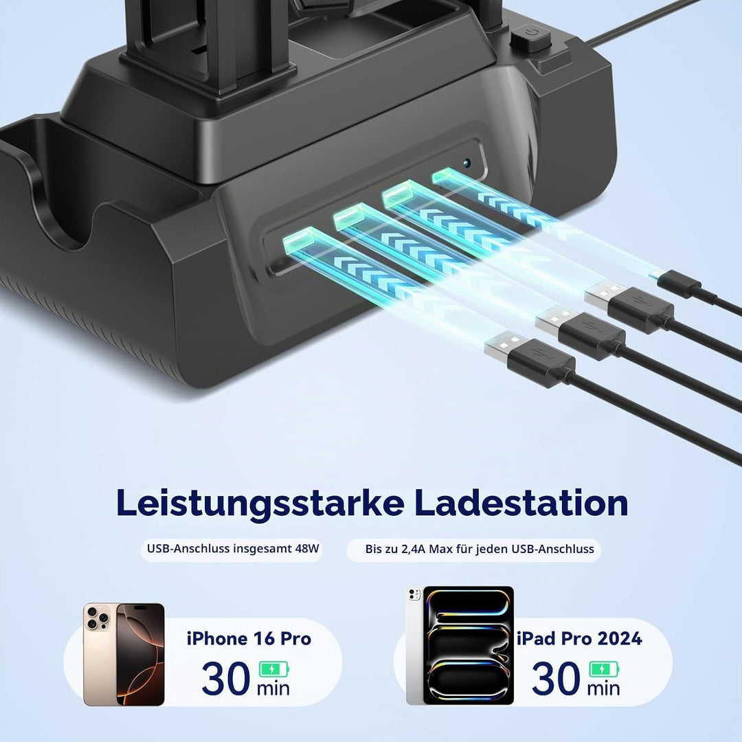 KDD USB Ladestation für Mehrere Geräte mit 4 Port, Handy Ladestation mit Headset und Controller Halt