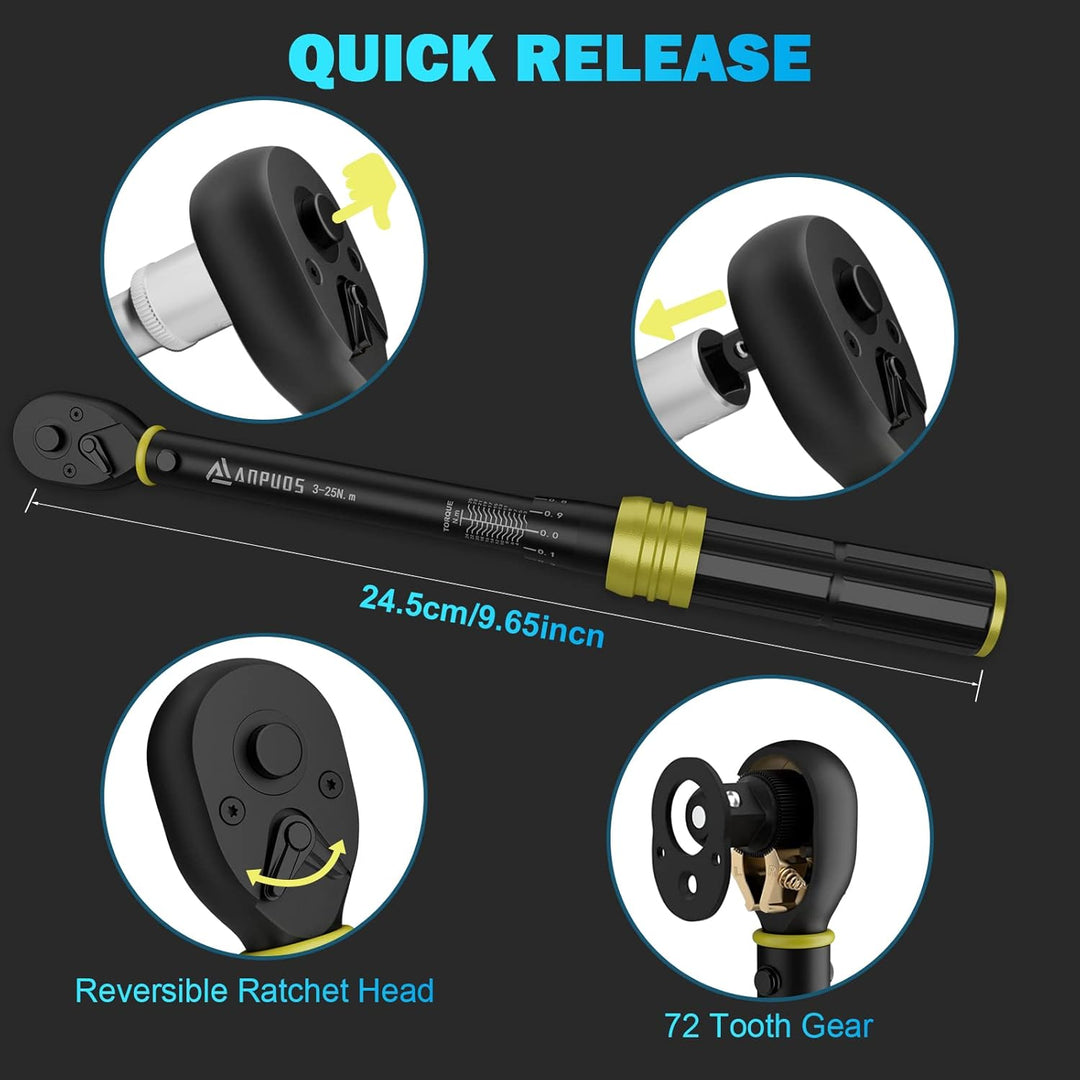 ANPUDS Drehmomentschlüssel 1/4", 3-25 NM Fahrrad &amp; Motorrad, 0,1NM Mikro-Einstellung mit Arretierung