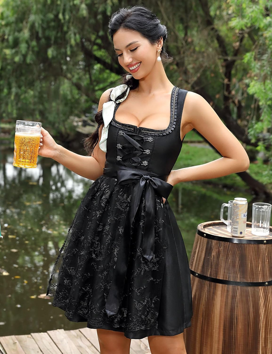 KOJOOIN Damen Dirndl 2tlg. Midi Trachtenkleid Kurz Dirndlkleid(High-End) mit Dirndlschürze für Oktob