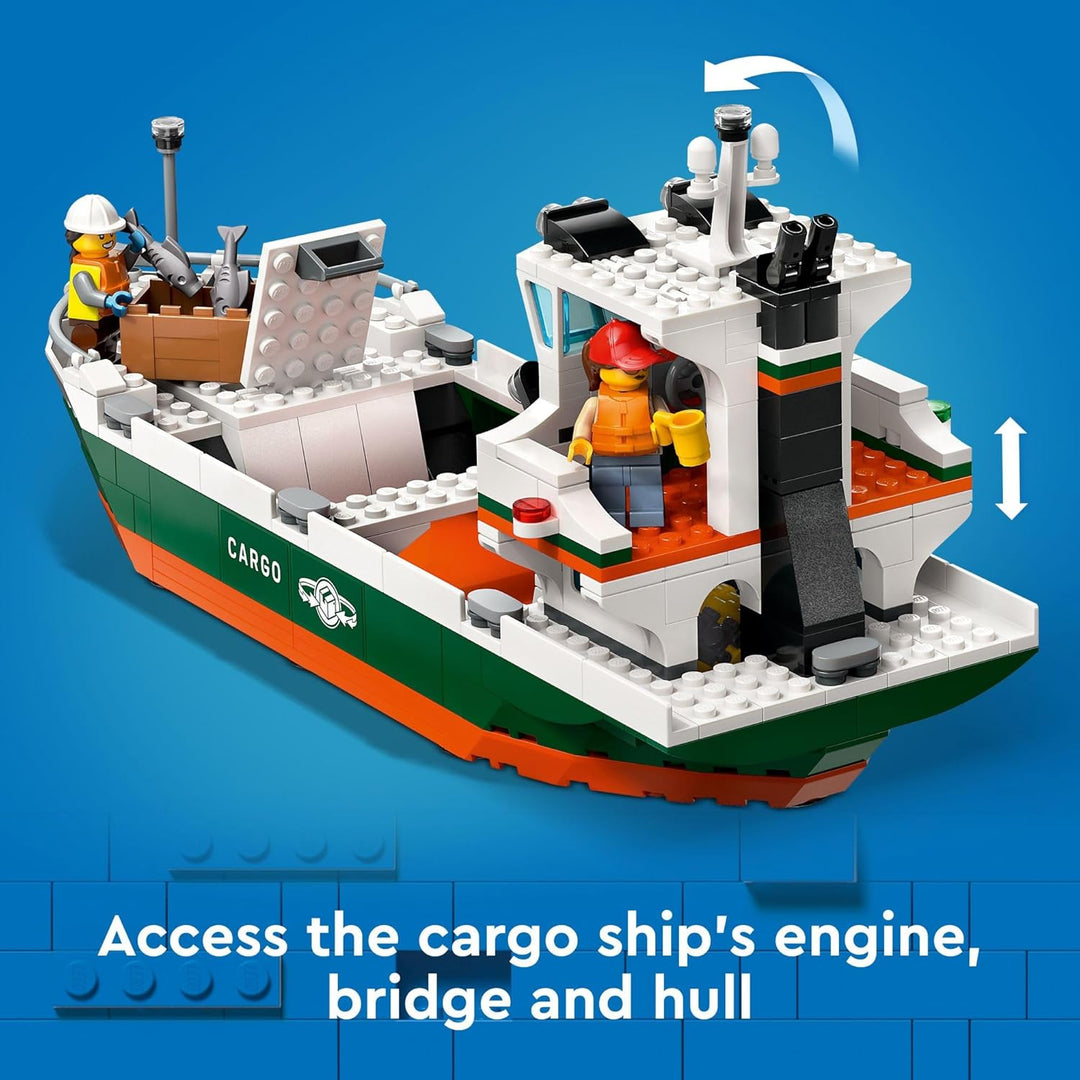 LEGO City Seaside Harbor mit Frachtschiff-Spielzeug, Modellcontainerkran und Boot mit 8 Minifiguren
