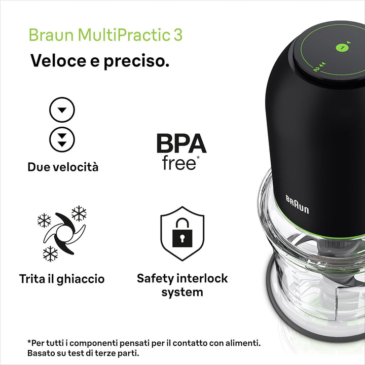 Braun MultiPractic 3 CH3011BK Zerkleinerer mit 4 Edelstahlklingen, One-Push-Funktion, Eiszerkleinere