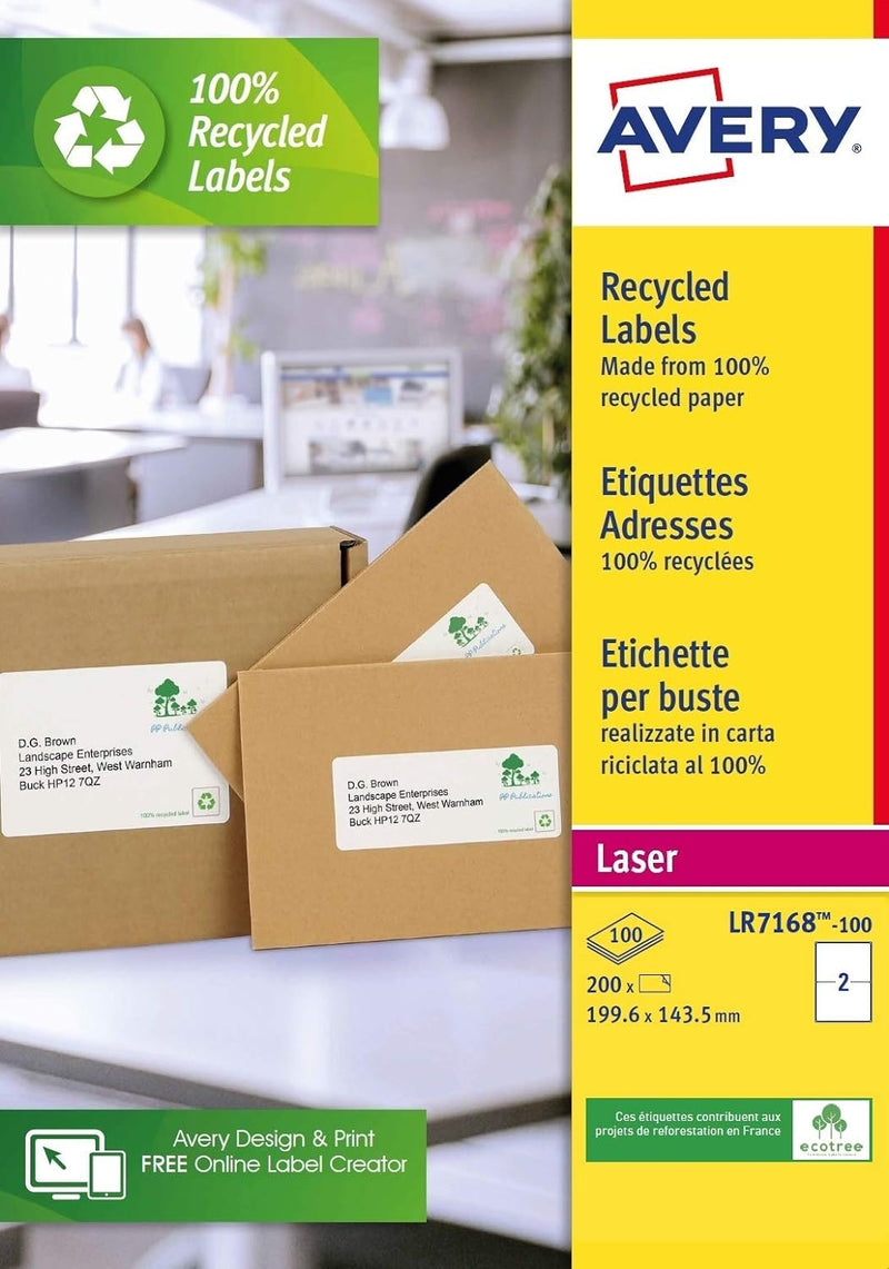 AVERY Zweckform LR7168-100 Versand-Etiketten (A4, 200 Stück, Recycling, 199,6 x 143,5 mm, 100 Blatt)