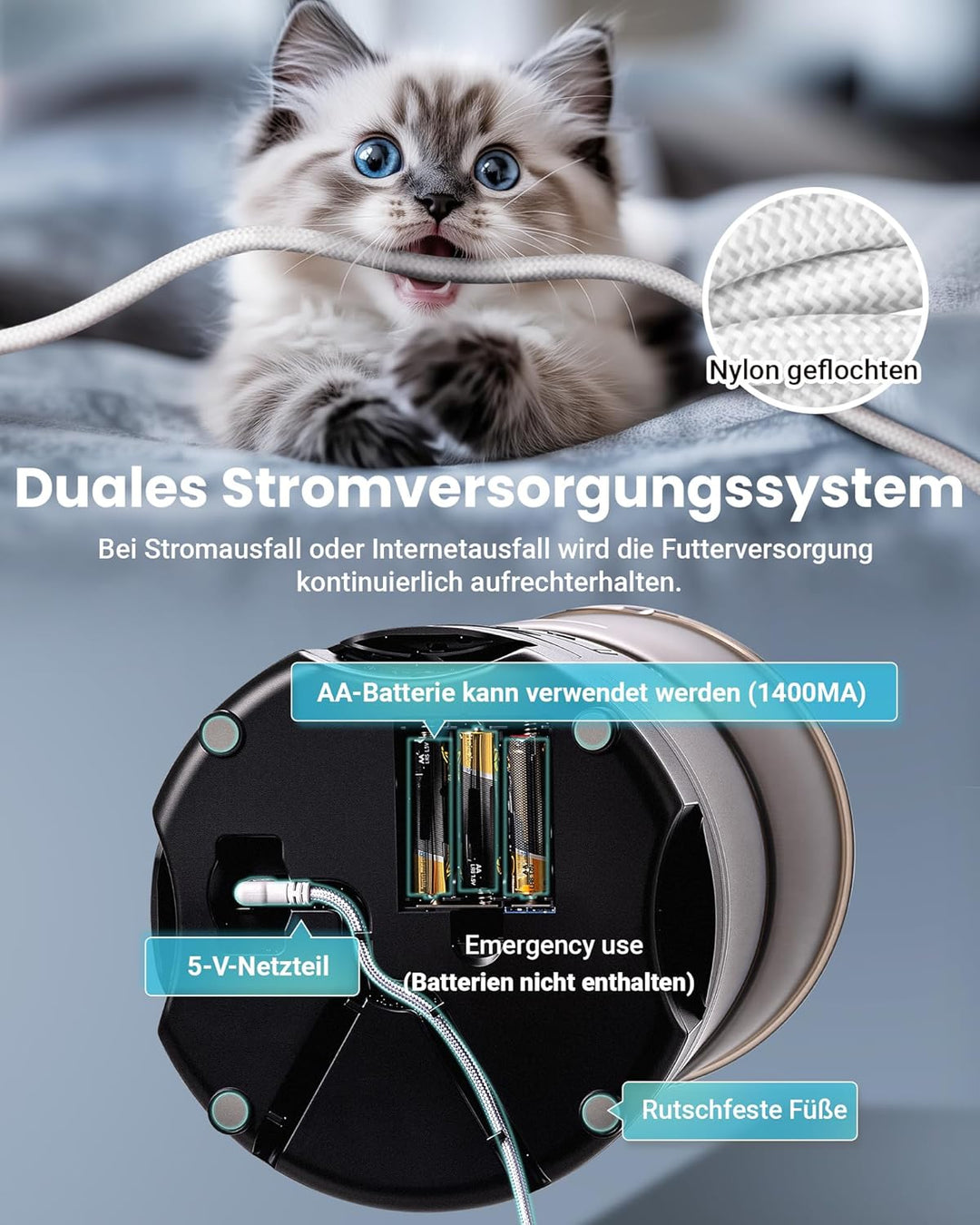 Futterautomat Katze mit APP und Timer, 6 L / 25 Tassen Katzenfutter Automat 3 Näpfe, 3 Trockenmittel