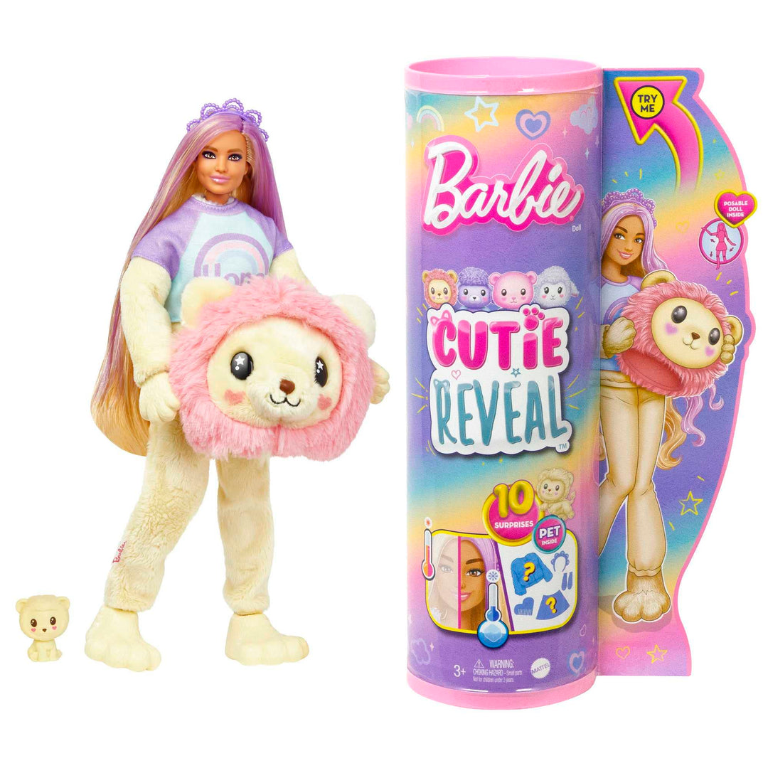 Barbie Cutie Reveal Puppe - Plüschlöwe mit 10 Überraschungen, bewegliche Puppe mit Accessoires, inkl