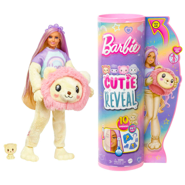 Barbie Cutie Reveal Puppe - Plüschlöwe mit 10 Überraschungen, bewegliche Puppe mit Accessoires, inkl