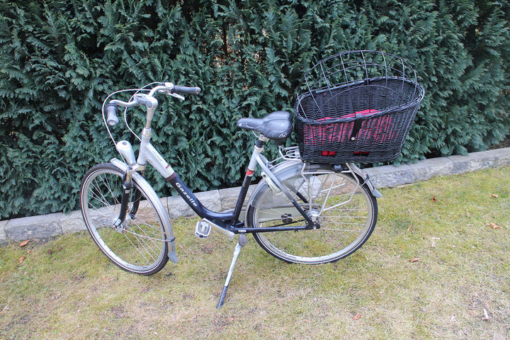 Hundefahrradkorb für Gepäckträger aus Weide mit Metallgitter und Kissen Schwarz XL oder XXL Gepäcktr