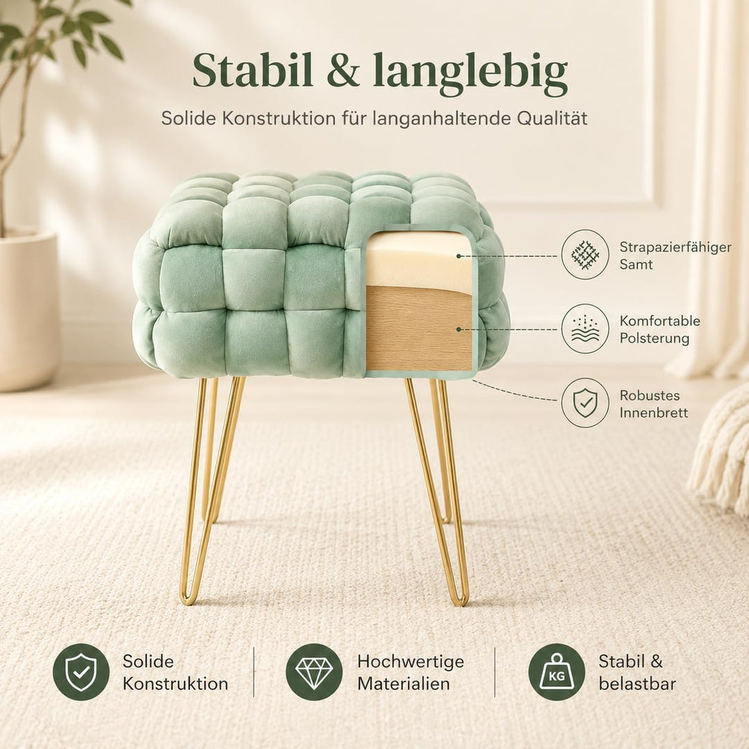 Zedelmaier Moderner Velvet Kosmetik Hocker, Quadratisch Ottoman-Fusshockermit goldfarbenen Metallbei