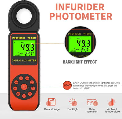 Digital Luxmeter Belichtungsmesser,INFURIDER YF-881F Lichtmessgerät mit 0,01-400.000 Lux,Illuminance