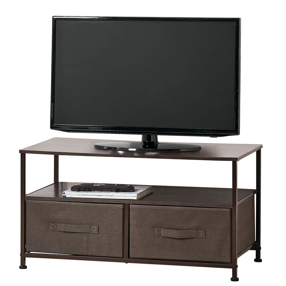 mDesign TV Board mit Ordnungsboxen – schmaler Fernsehtisch mit Ablage und 2 Stoffkörben – modernes T