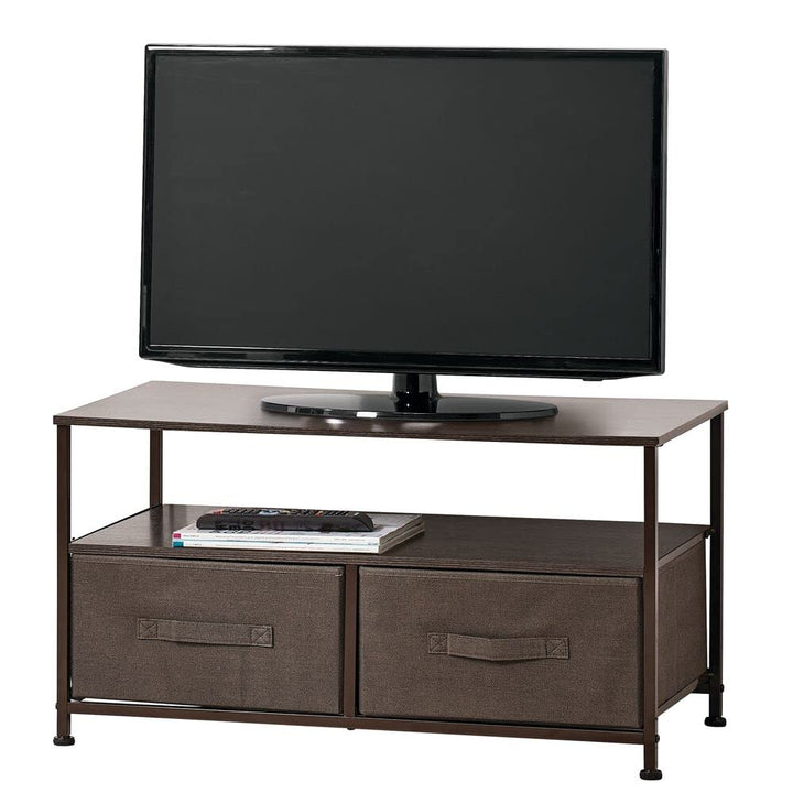 mDesign TV Board mit Ordnungsboxen – schmaler Fernsehtisch mit Ablage und 2 Stoffkörben – modernes T
