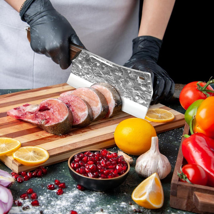 Professionelles Hackbeil/Fleischerbeil mit Lederscheide, Handgeschliffene 90°-Schneide, Rostfreier E