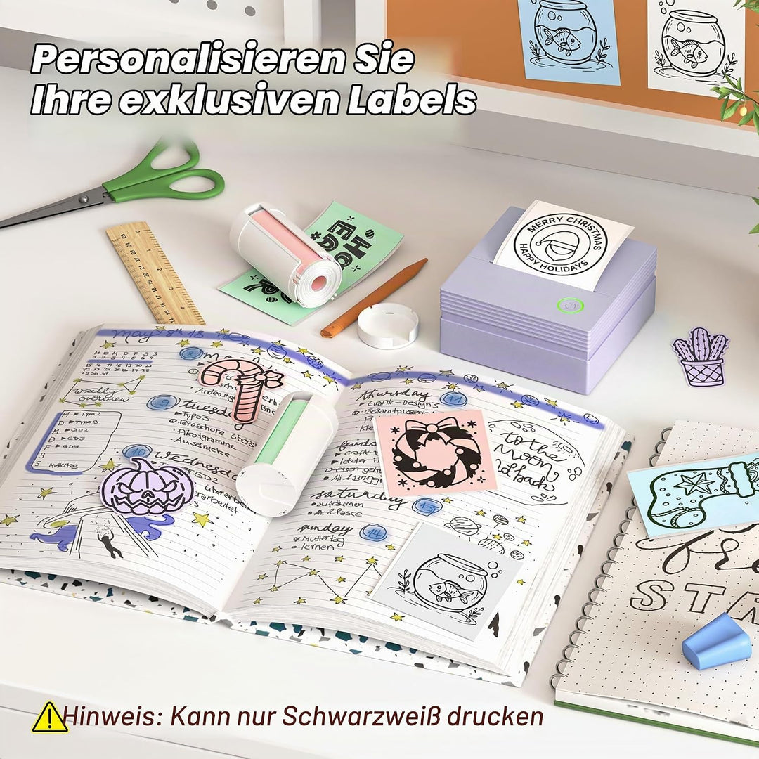 Sticker Drucker, PM290 Mini Drucker für Smartphone, Bluetooth Thermodrucker Mini mit 3 Rollen Papier
