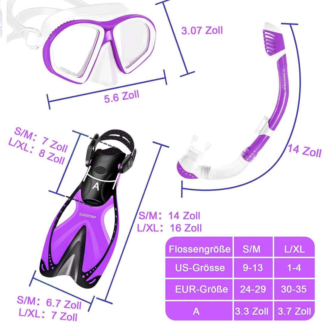 Supertrip Kinder Schnorchelset 3-teilig, Schnorcheln Set mit Flossen, Taucherbrille mit Tempered Gla