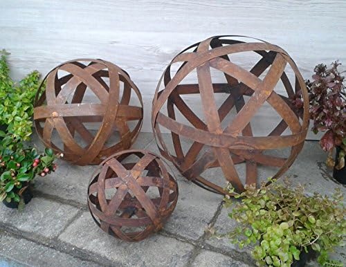 terracotta-toepfe-de 3er-Set, je Kugel 20 + 30 +40 cm aus Metall Edelrost/Deko Garten/Rost Streifenb