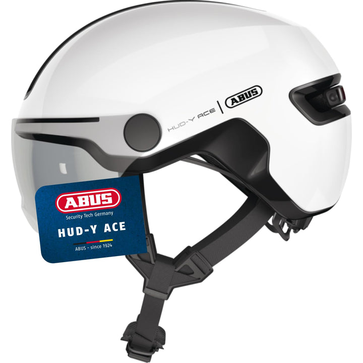 ABUS Stadthelm HUD-Y ACE - stylischer Fahrradhelm mit Visier und magnetischem, aufladbarem LED-Rückl