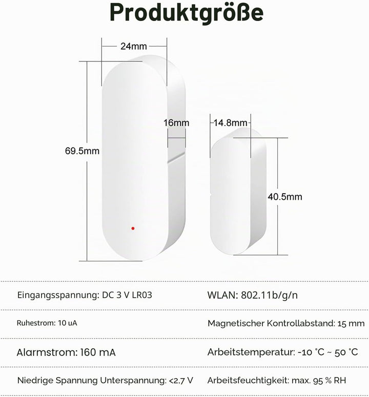Tür-Fenster-Sensor:Smart Tuya Türsensor Kostenlose App Echtzeit-Benachrichtigungen,Wireless WiFi Fen