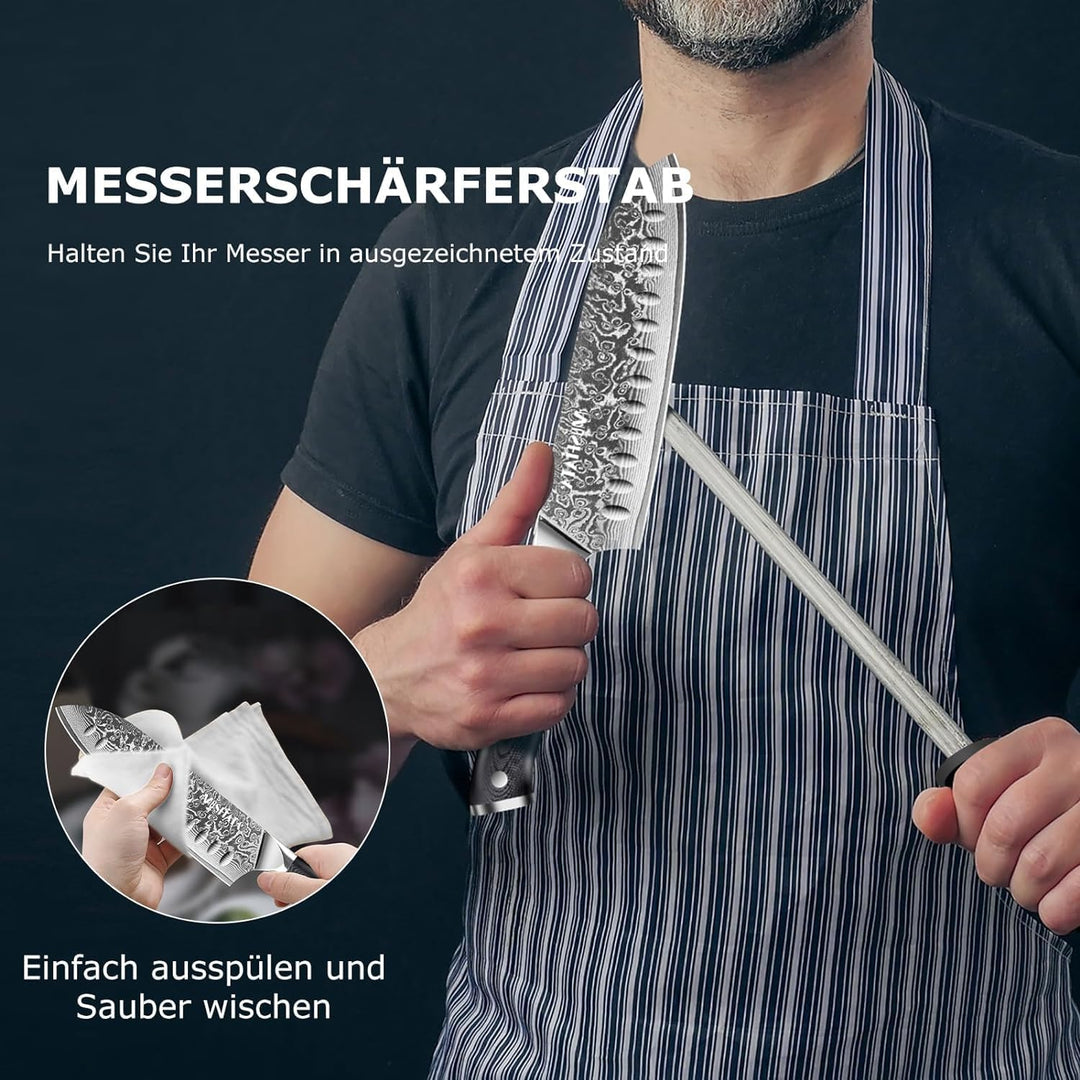 MOSFiATA Damast Santokumesser 7 Zoll, Damastmesser Küchenmesser Damaststahl Japanisches Messer Schar