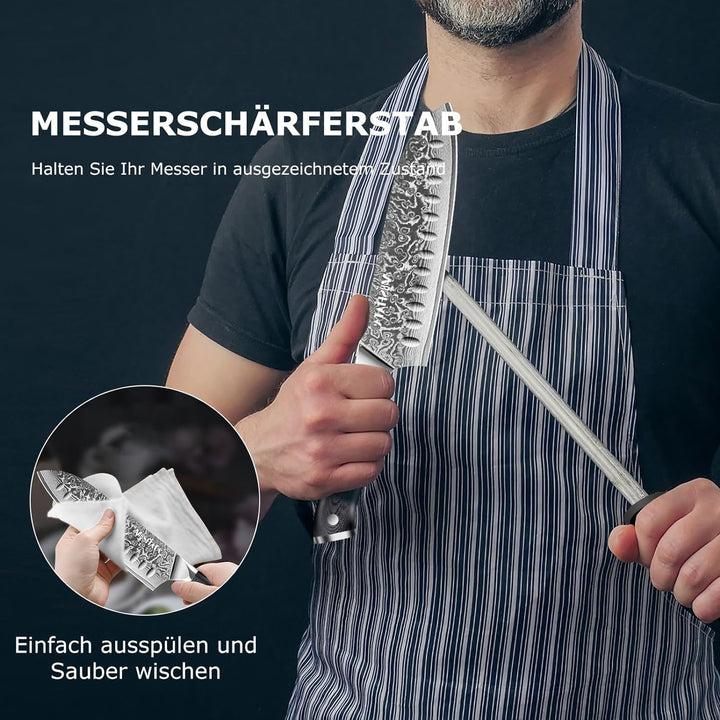 MOSFiATA Damast Santokumesser 7 Zoll, Damastmesser Küchenmesser Damaststahl Japanisches Messer Schar