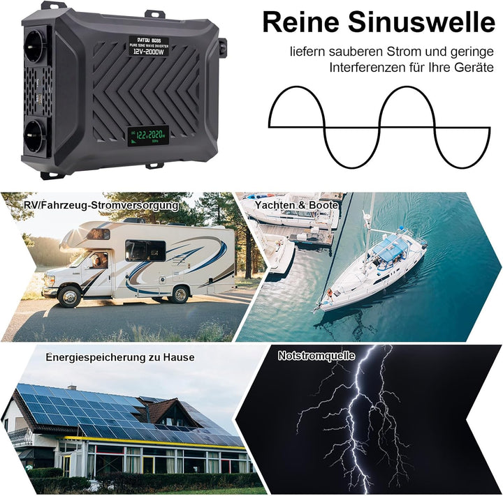 DATOUBOSS Wechselrichter 12v auf 230v Reiner Sinus 2000W/4000W, Wechselrichter 2000w, Spannungswandl
