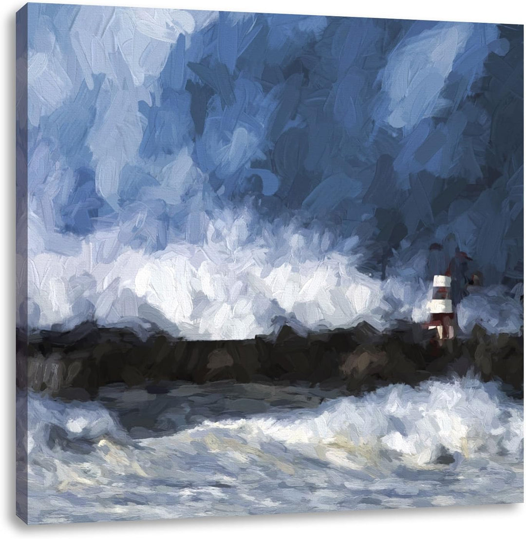 Pixxprint Tobendes Meer mit Leuchtturm als Leinwandbild/Grösse: 70x70 cm/Wandbild/Kunstdruck/fertig