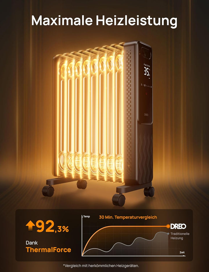 Dreo Ölradiator Energiesparend 2000W, Mobile Elektroheizung 9 Rippen mit Fernbedienung, 3 Heizstufen