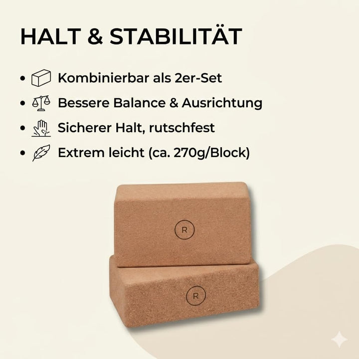 ROOTED Yogablock 2er Set Naturkork – Rutschfest, Ergonomisch & Nachhaltig, 22,5x7x12 cm Leichter Kor