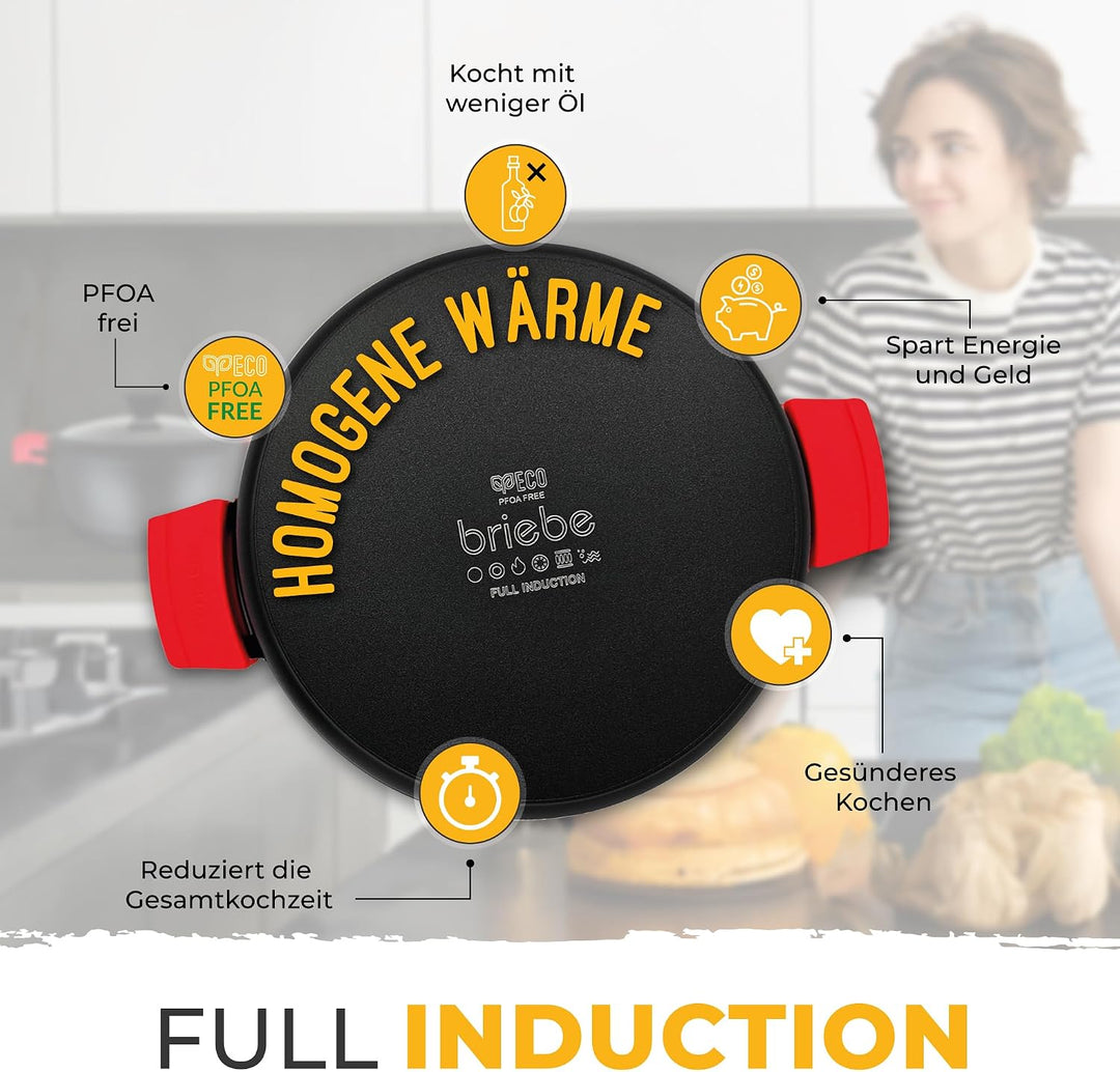 briebe Black Titanium Flache Kasserolle für Induktionskochfeld, Antihaft-Titan, 36cm, Aluminiumguss,