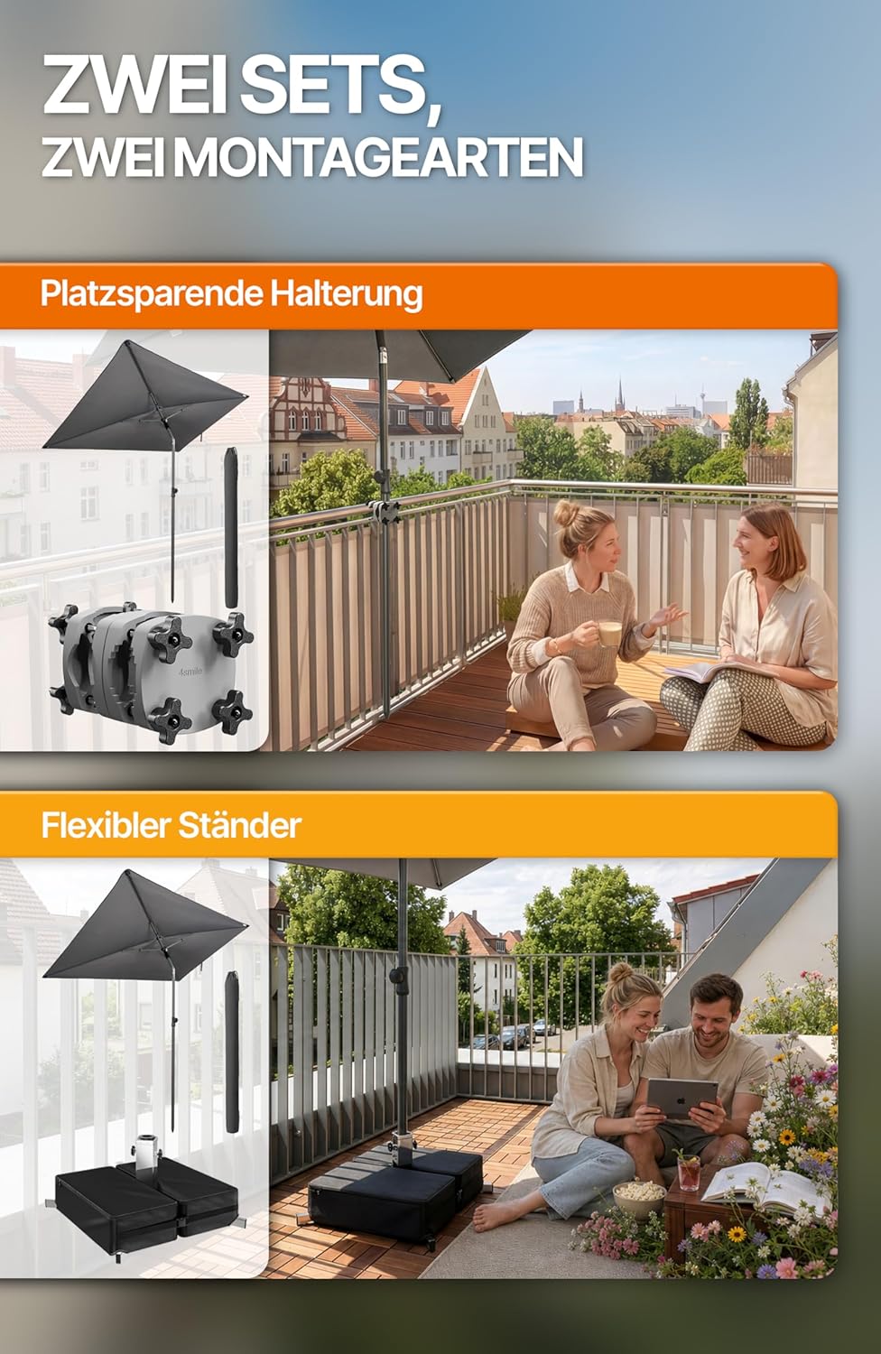 4smile SunnyShade Balkonschirm Rechteckig 210x140 cm, Sonnenschirm Balkon mit UV 50+, Sonnenschutz B