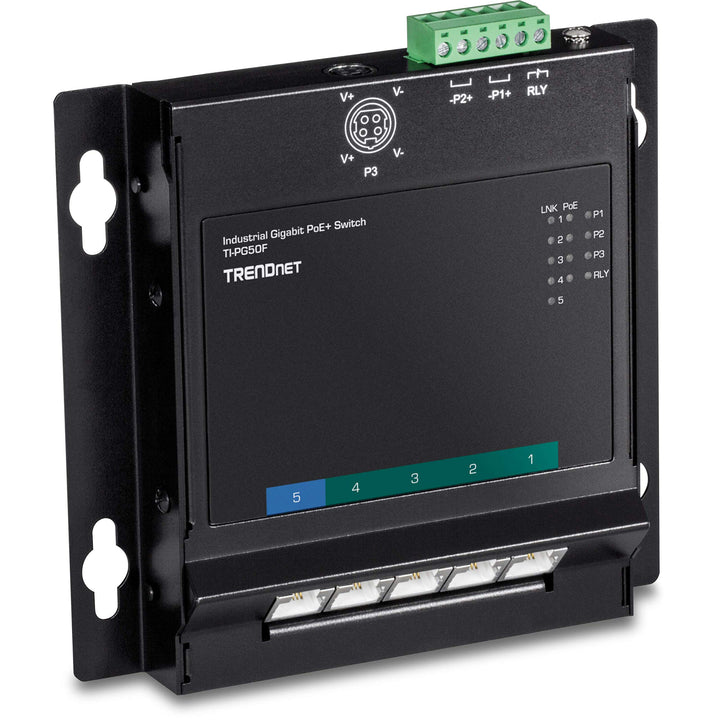 TRENDnet TI-PG50F Industrieller Gigabit-Poe+-Switch mit 5 Ports zur Wandmontage von vorne, 5X Gigabi